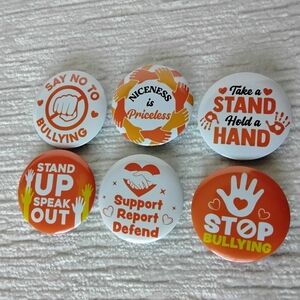 Anti-Bullying Button Pin Set Of 6 Unused 1.5" Diameter Orange White